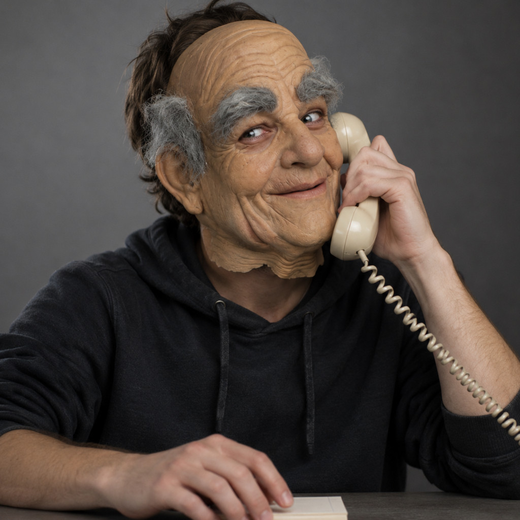 Un homme portant un masque de vieil homme, crâne dégarni et gros sourcils gris, sourit malicieusement, un combiné de téléphone beige à fil torsadé contre l'oreille.